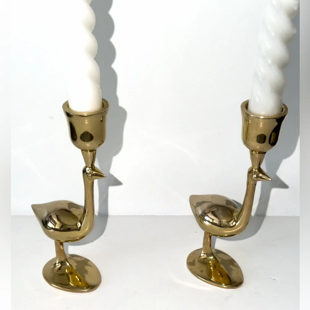 Jonathan Adler Ostrich Solid Brass Candle Holder Set of 2 Bird Contemporary
